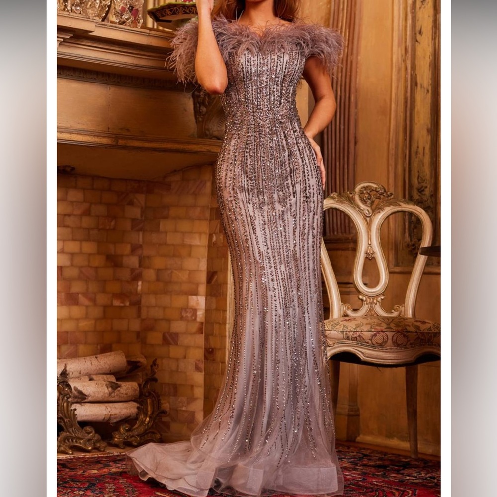 Jovani 24056 Grey Multi Beaded Off the Shoulder Dress